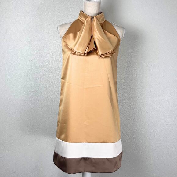 Loalde Dresses & Skirts - Loalde Gold Colorblock Bow Neck Sleeveless Shift Dress 6 Mod Retro Satin